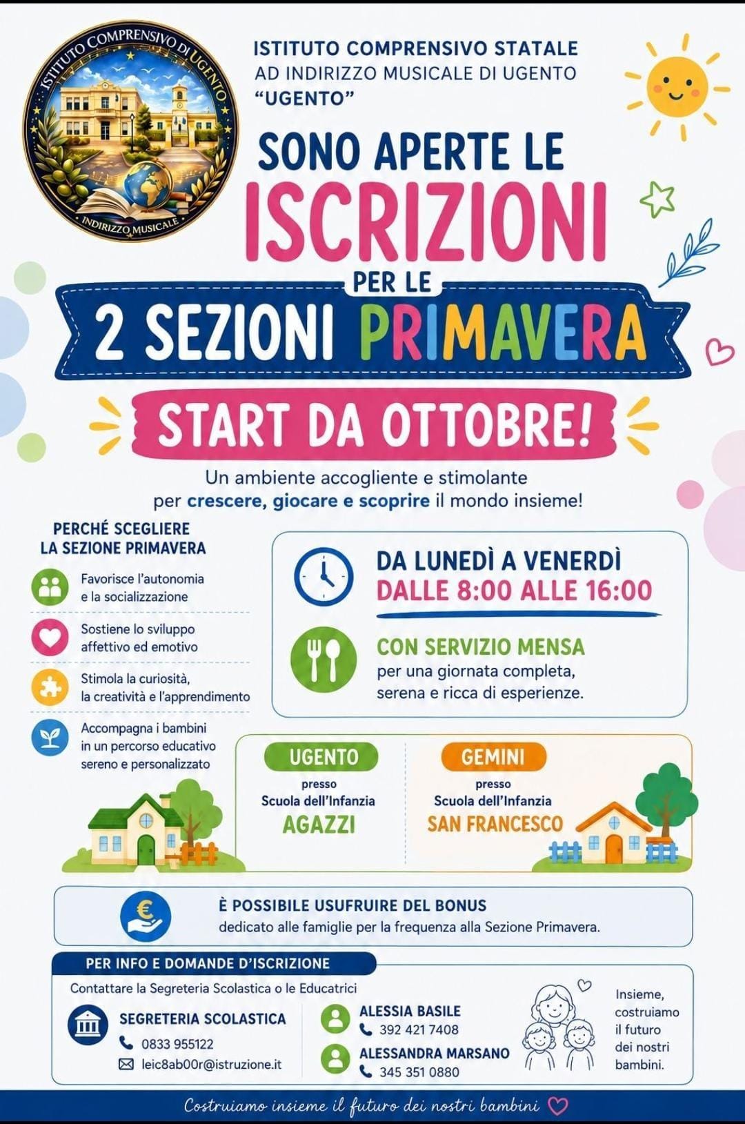 SEZIONI PRIMAVERA di UGENTO e GEMINI. Iscrizioni anno scolastico 2026/2027